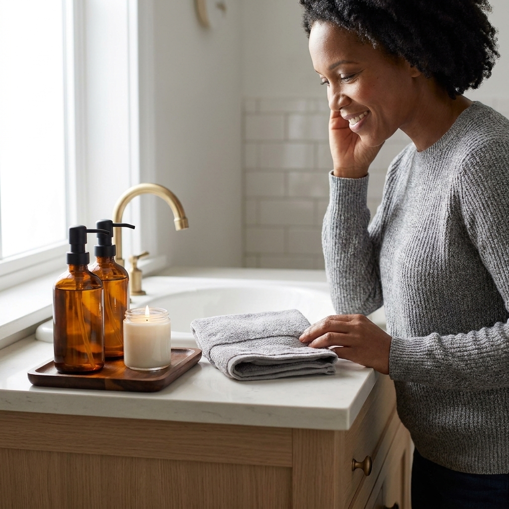 A bathroom vanity styled with a small tray holding matching amber soap dispensers, a candle, and a folded hand towel, realistic interior photo