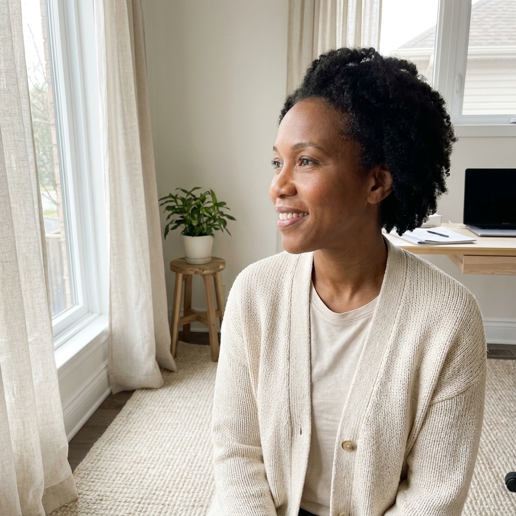 A bright home office window with off-white linen curtains, a small potted plant on a stool, and soft daylight spilling onto a light rug