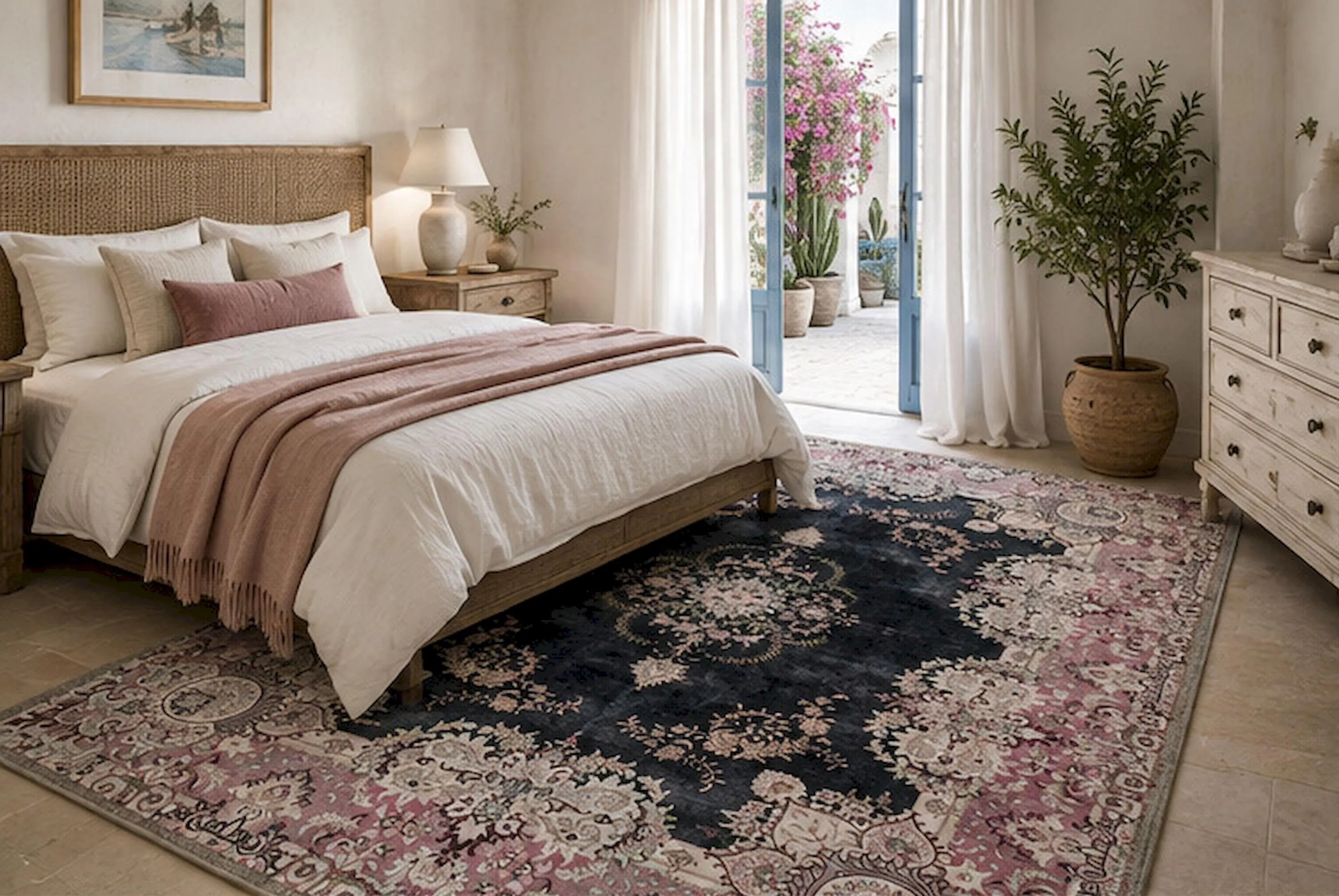 A bright living room with a muted vintage floral area rug, neutral linen curtains, and a sofa styled with a ticking stripe pillow and a small floral pillow