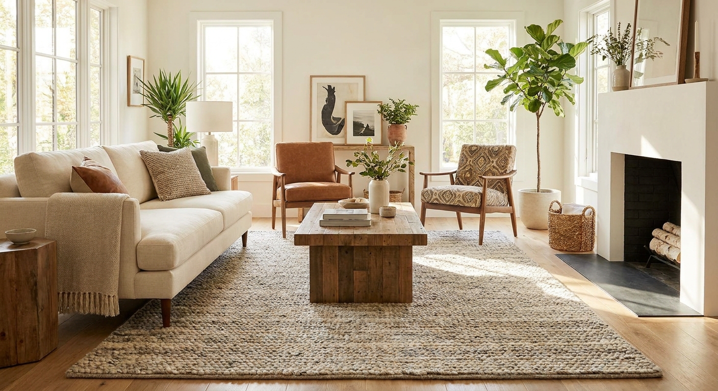 A bright living room with a sofa and two accent chairs arranged on a large neutral area rug, with the front legs of all seating placed on the rug and a coffee table centered, natural daylight