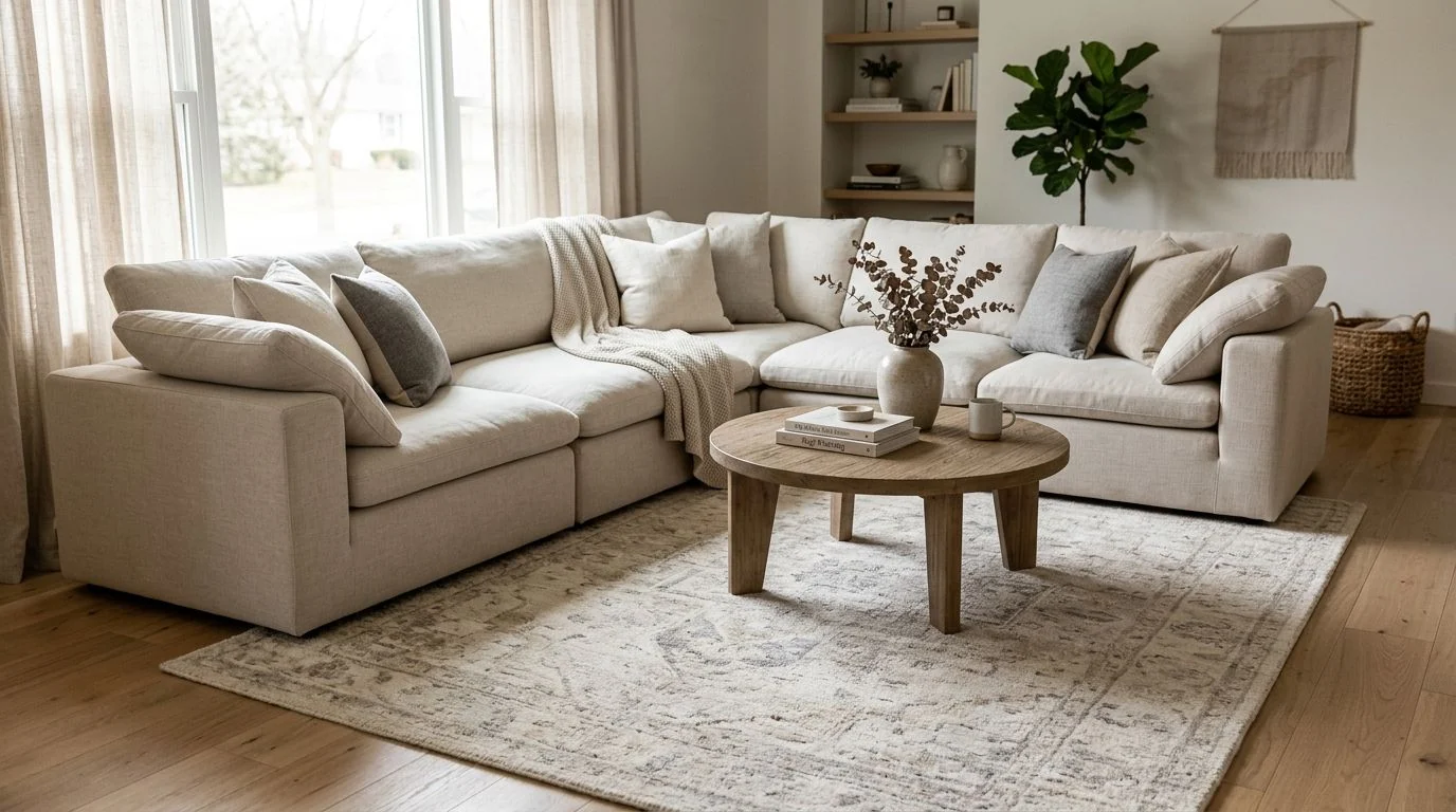 A bright living room with an L-shaped sectional sofa sitting with its front legs on a large neutral rug, a centered coffee table, and clear walking space around the rug