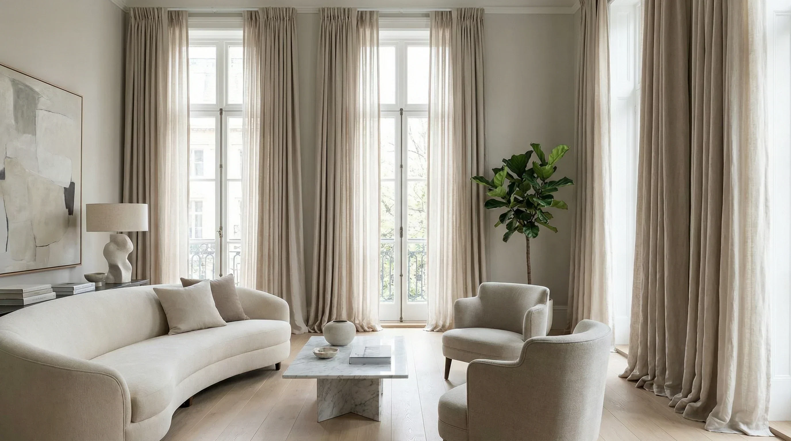 A bright living room with curtain panels hung close to the ceiling and falling to the floor, creating a taller, more elegant look around a wide window