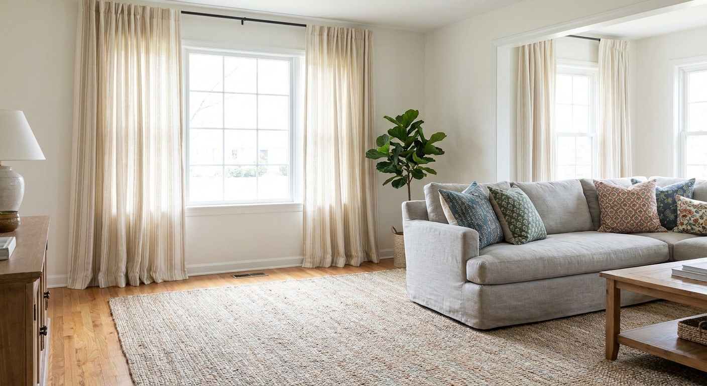 A bright living room with soft striped curtains framing a window, a calm neutral rug, and a sofa with a few coordinating patterned pillows