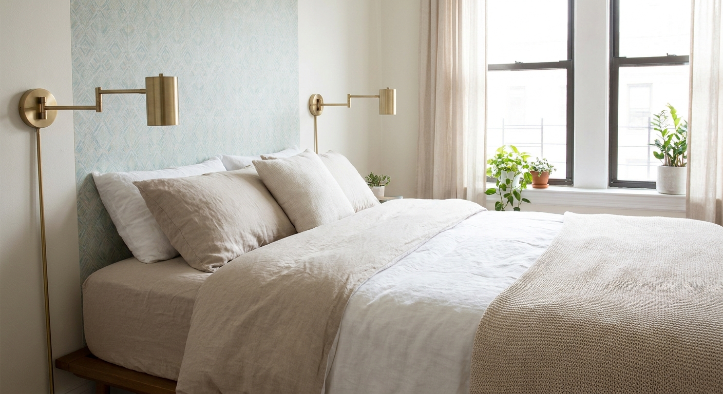 A bright rental bedroom with a peel-and-stick wallpaper panel behind the bed, flanked by two simple sconces and neutral bedding