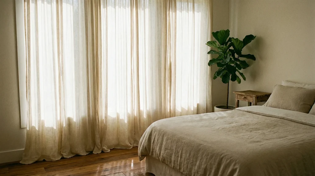 A calm bedroom with long linen curtains that extend several inches onto the floor in a soft puddle beside a tall window