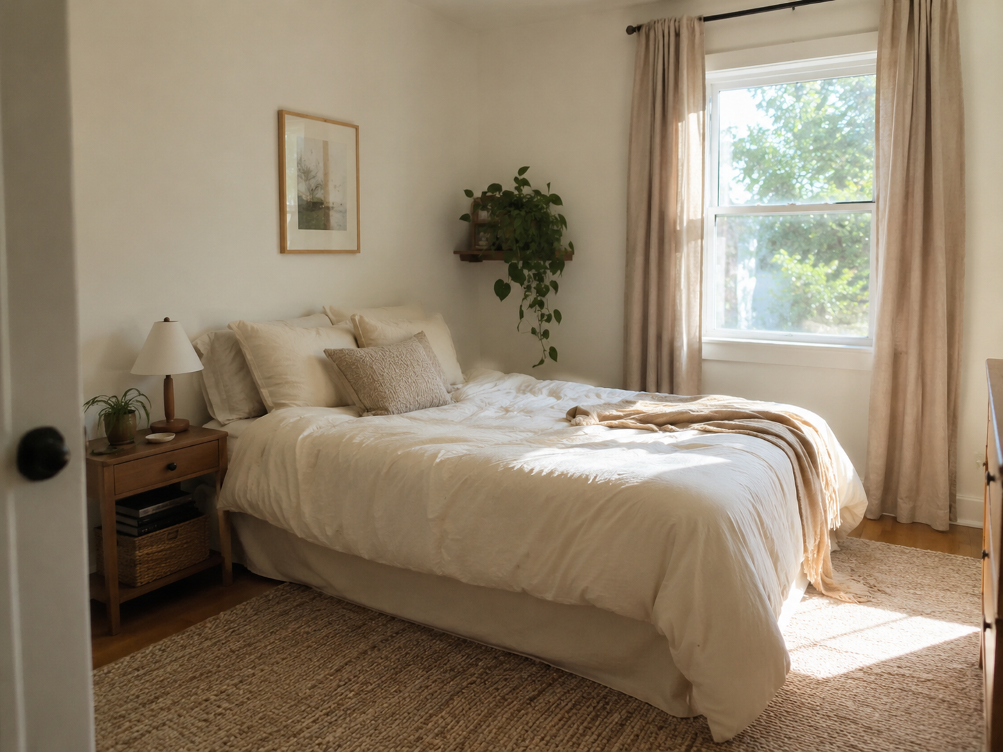 A calm small bedroom with light walls, minimal decor, a neatly made bed, and daylight coming through a window