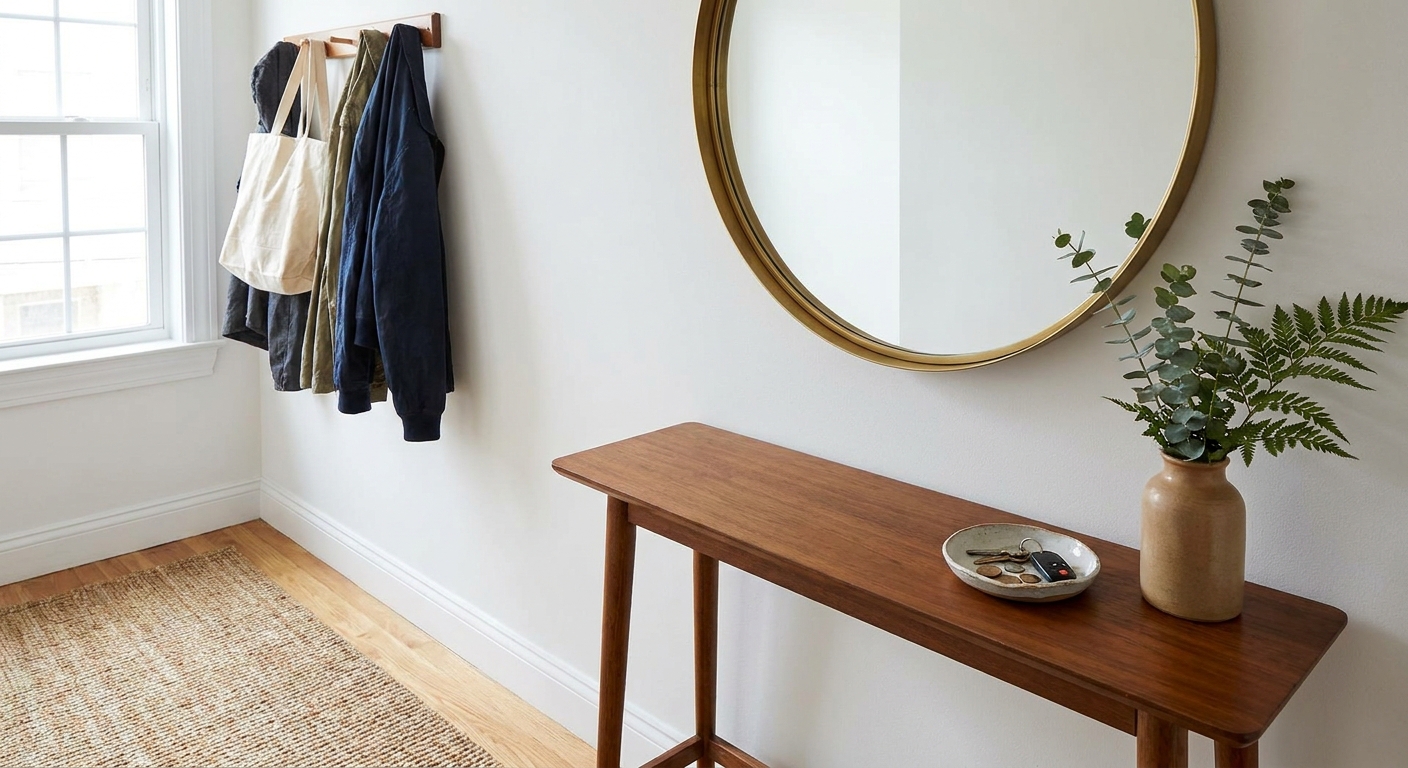 A compact entryway with a round brass-framed mirror above a narrow console table, a small ceramic dish for keys, and a simple vase with greenery