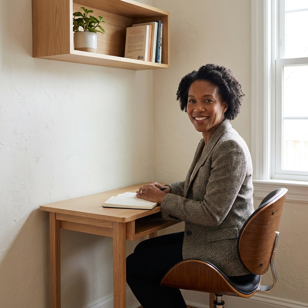 A compact minimalist office corner with a slim desk, a wall shelf above, and a chair tucked neatly under the tabletop