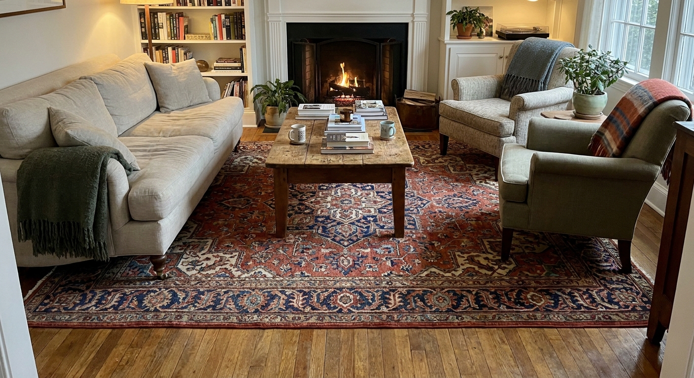A cozy living room where an 8x10 rug sits under the front legs of a sofa and armchairs, with a coffee table centered and a clear border of hardwood floor visible around the rug