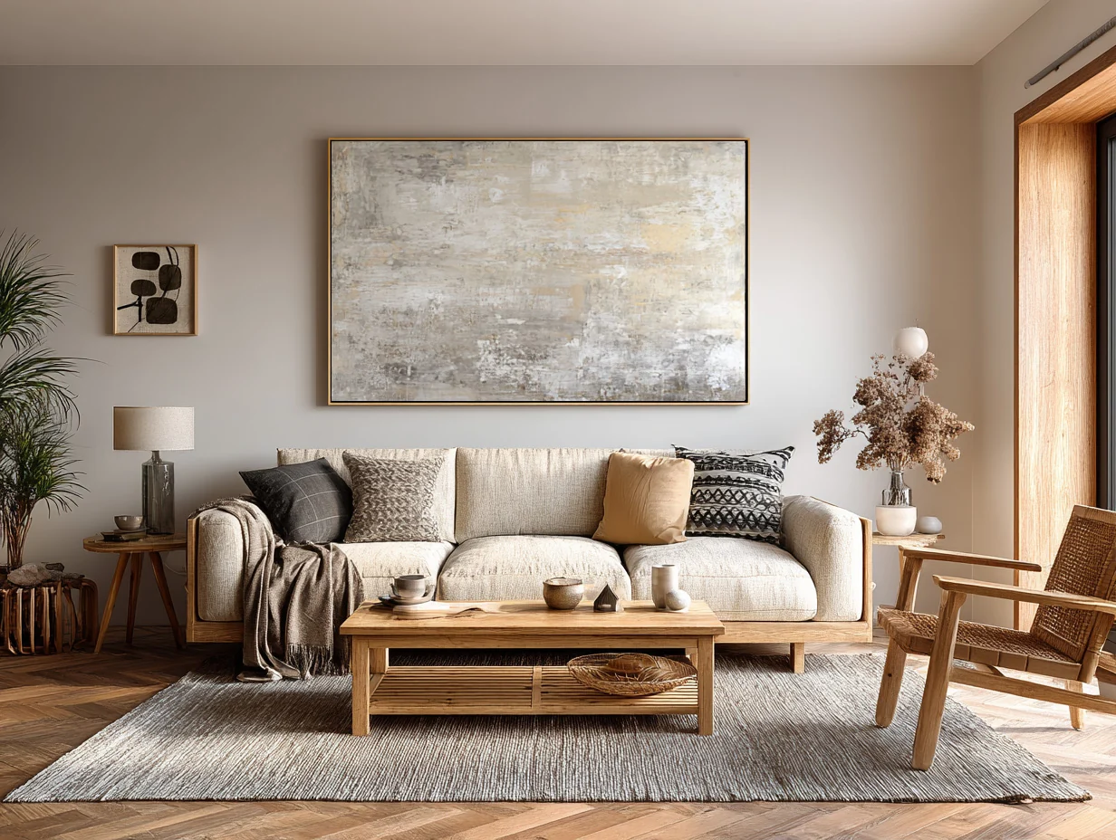 A cozy living room with a neutral sofa and a large framed artwork centered above it, with a coffee table and warm natural light