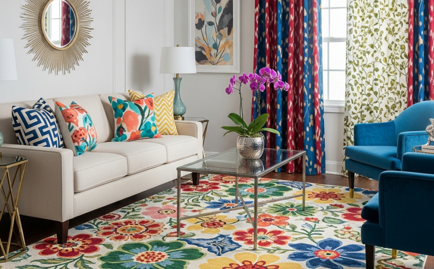 A cozy living room with a neutral sofa styled with a mix of striped, floral, and textured solid throw pillows, a layered rug, and a calm, balanced color palette
