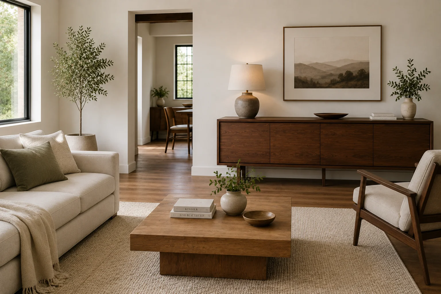 A cozy living room with light oak flooring, a medium walnut media console under a TV, and dark wood picture frames on a nearby wall