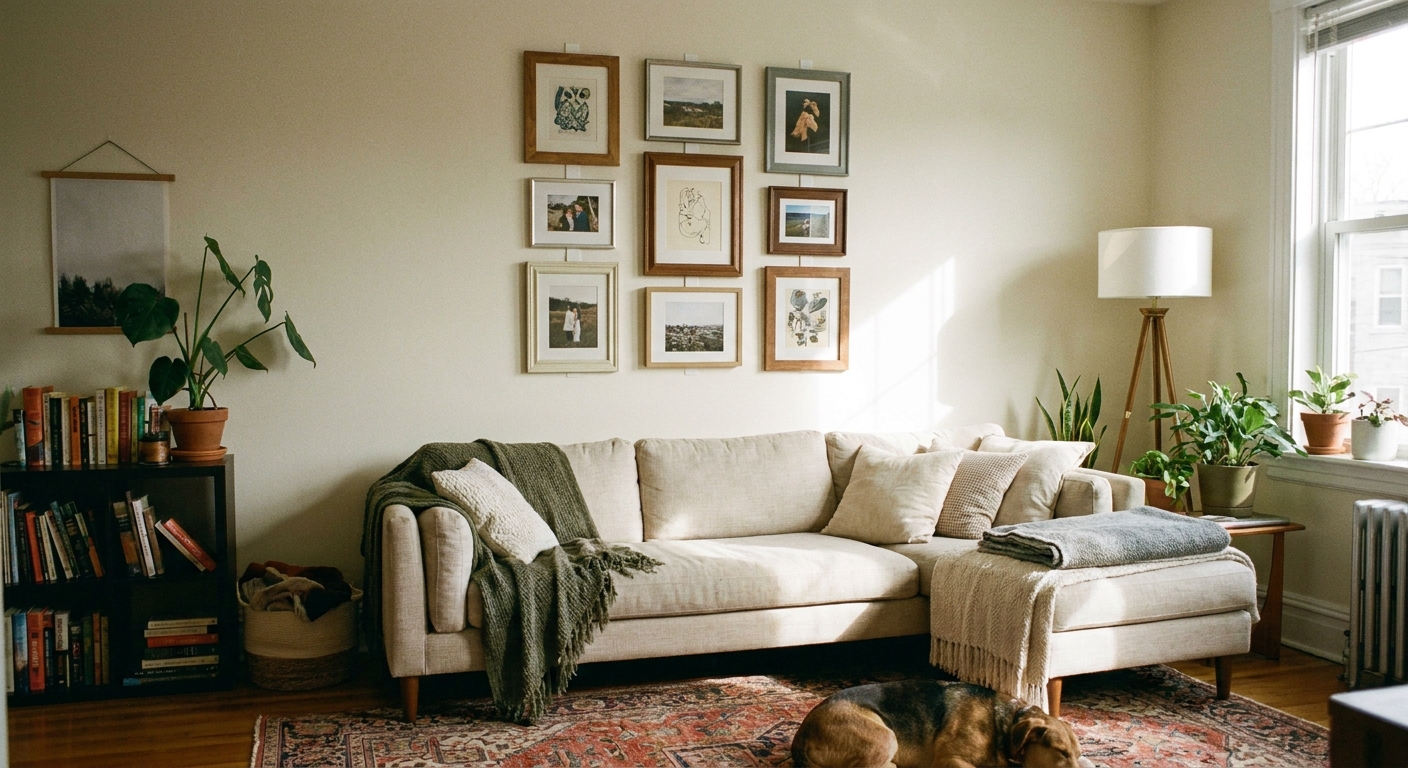 A cozy rental living room with a small gallery wall of mismatched frames hung in a tidy grid using removable strips, above a light-colored sofa