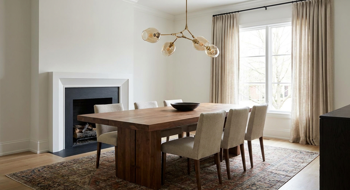 A dining room with a pendant light centered above a rectangular table, hung at a comfortable height above the tabletop with chairs tucked in