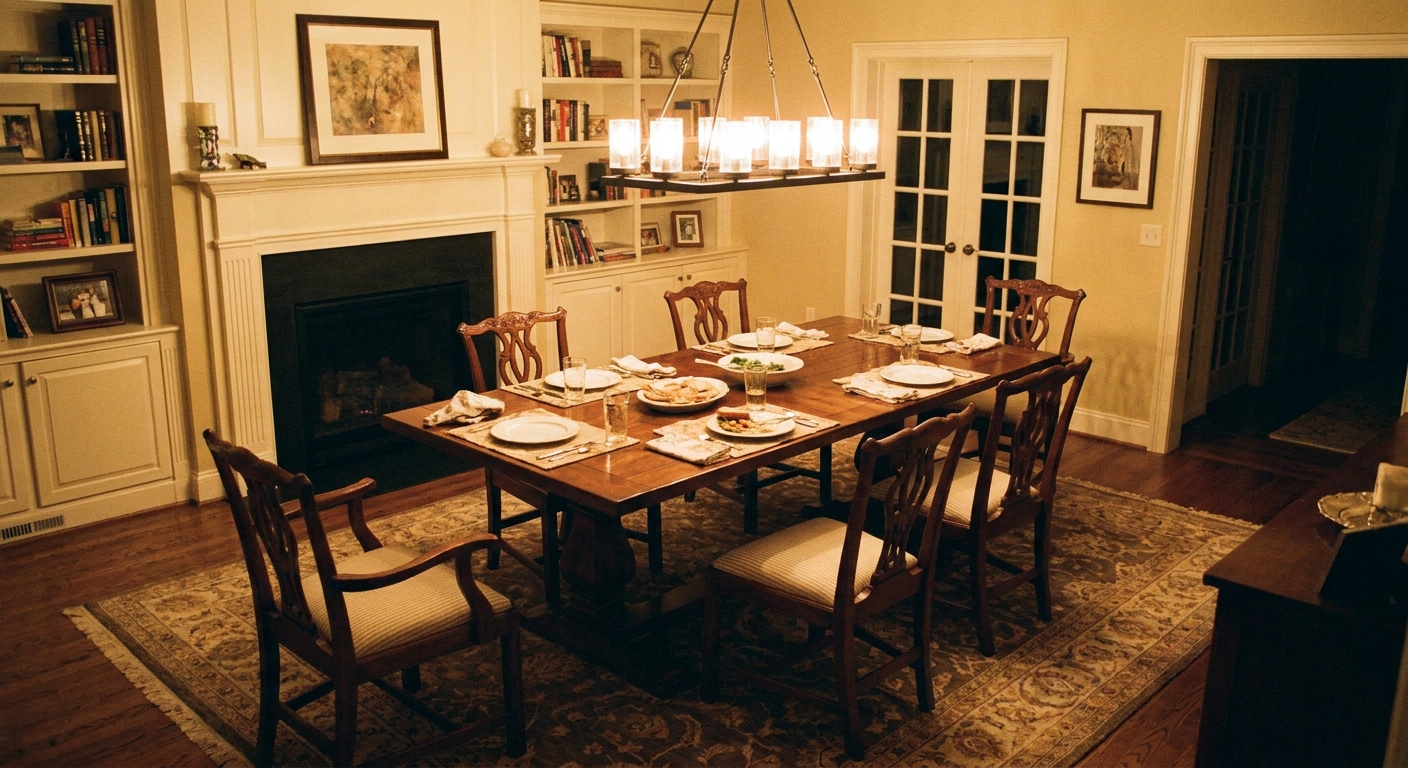 A dining room with a rectangular table centered on a large low-pile rug, with dining chairs pulled out and still fully on the rug, warm overhead lighting