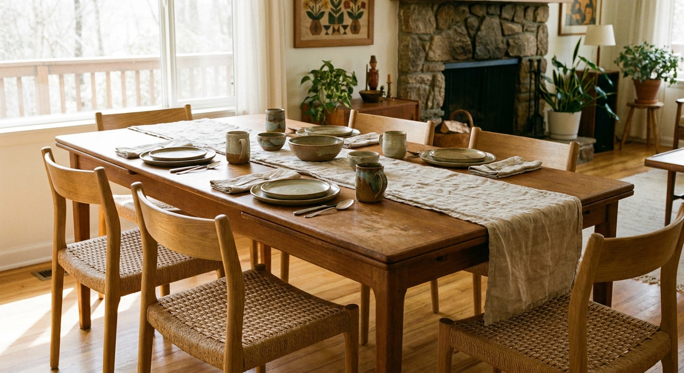 A dining space with a vintage teak table paired with light wood dining chairs, set with simple ceramics and a linen runner