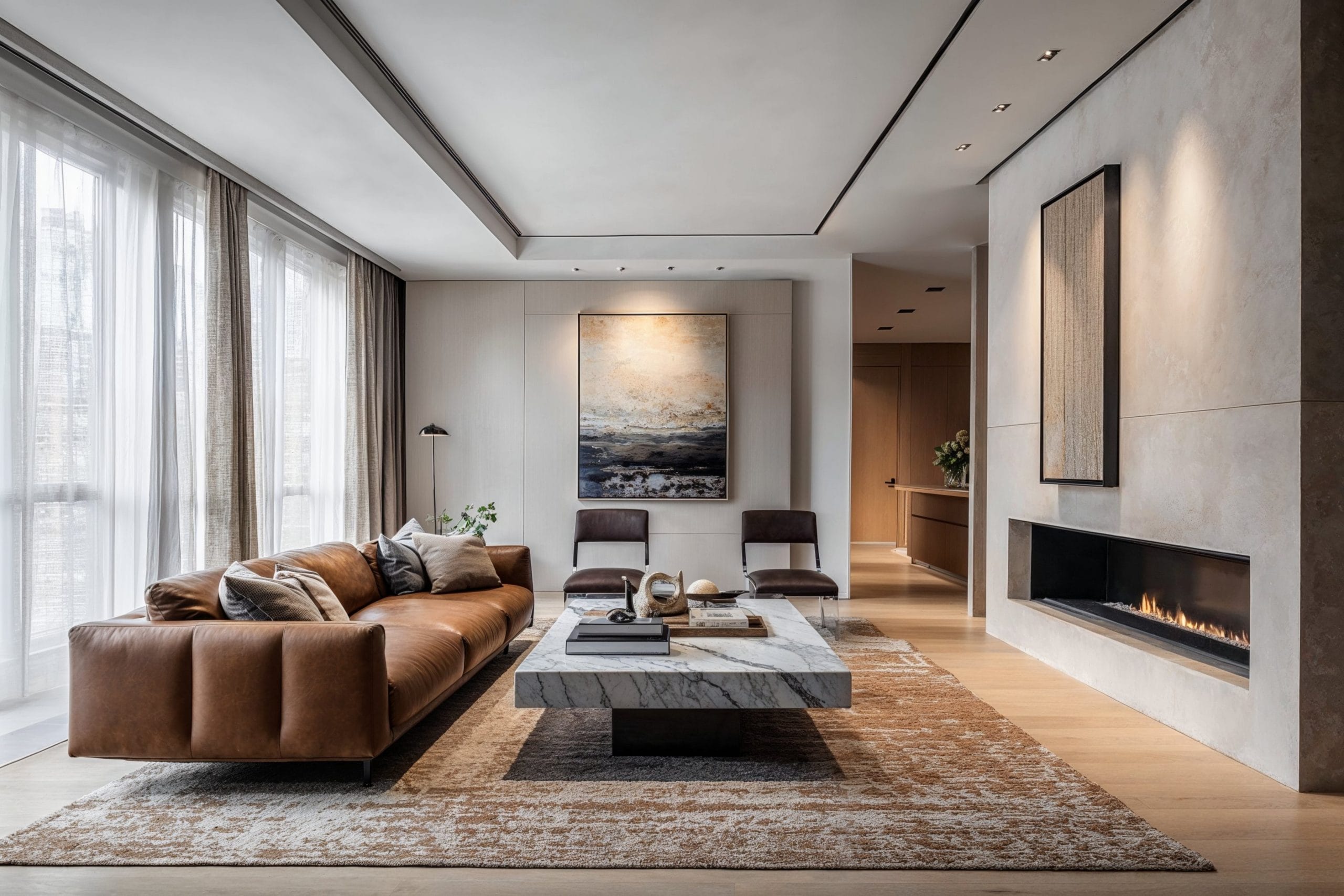A floor lamp with a linen shade positioned beside a sofa and armchair, casting a soft pool of light over a throw blanket and book