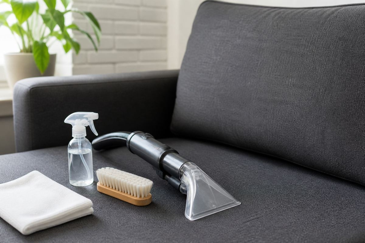 A hand holding a soft-bristle upholstery brush next to a folded white cloth and a spray bottle on a neutral fabric sofa