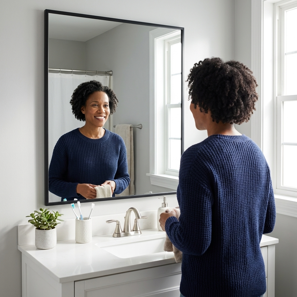 A large builder-grade bathroom mirror with a simple black frame added around the edges above a white vanity, realistic interior photo