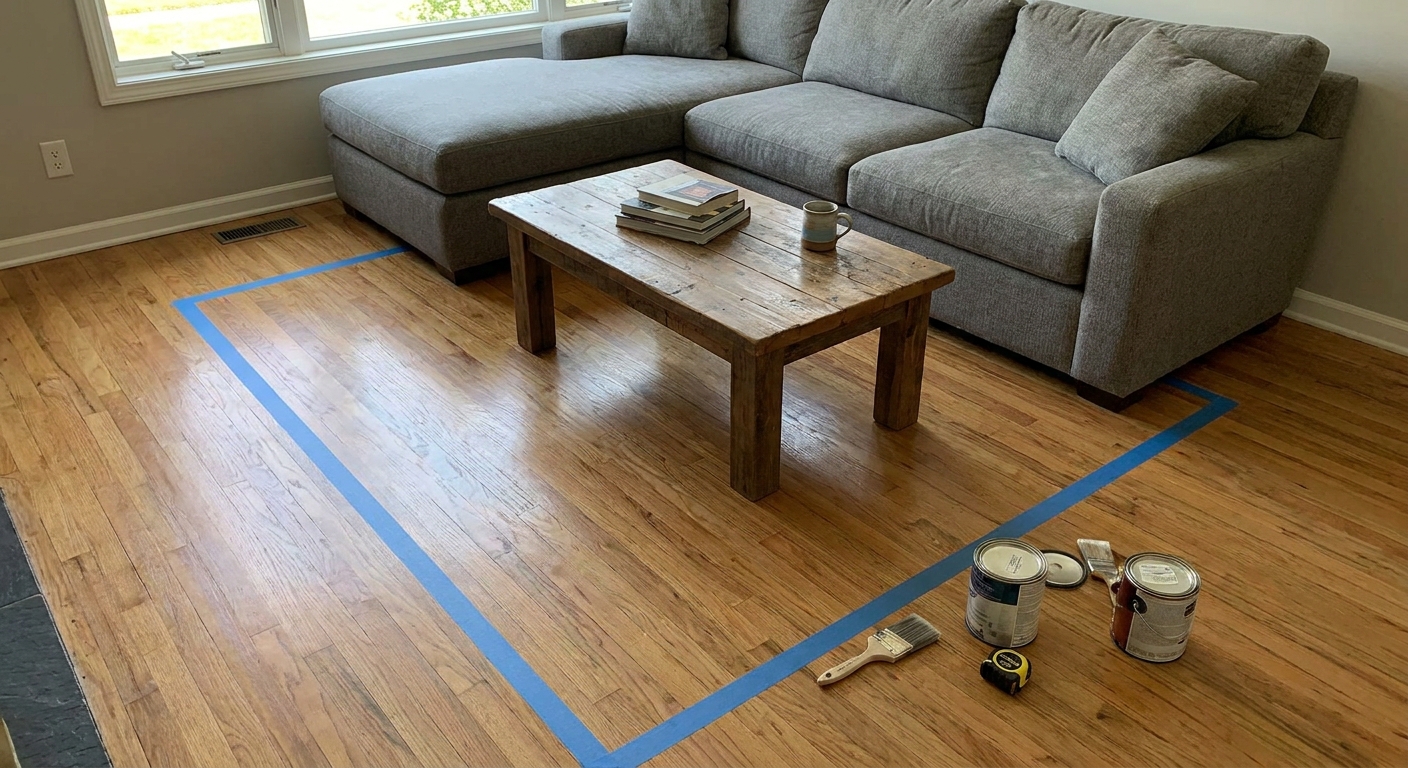 A living room floor with painter’s tape marking a large rectangle in front of a sectional sofa, showing a planned rug outline with a coffee table centered