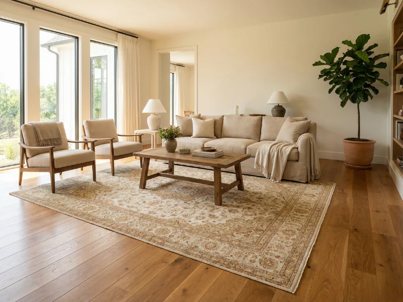 A living room with a large neutral rug anchoring a light wood coffee table and a darker wood console, with ceramic decor and soft textiles helping blend the tones
