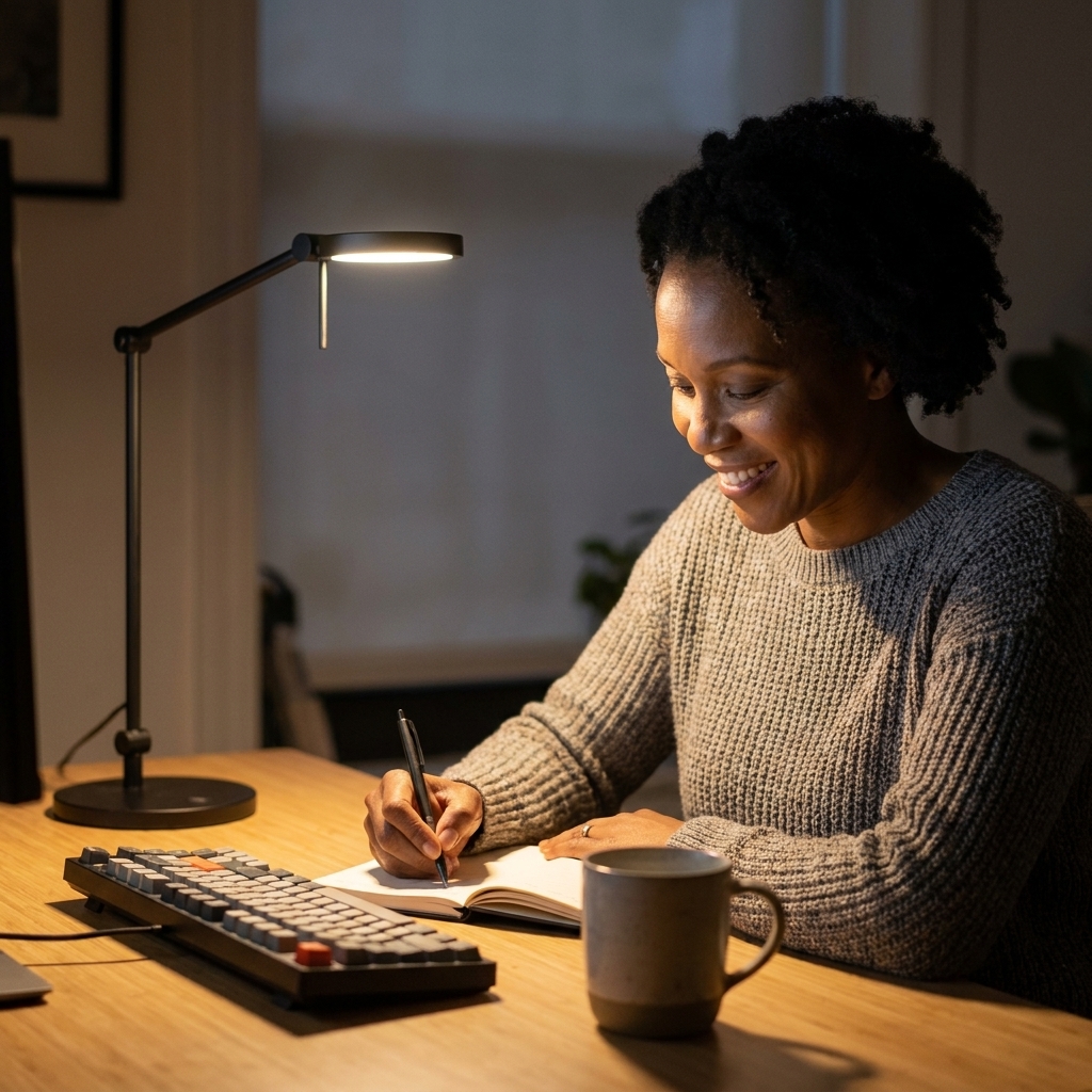 A minimalist adjustable desk lamp casting warm light onto a clean desk with a notebook and keyboard
