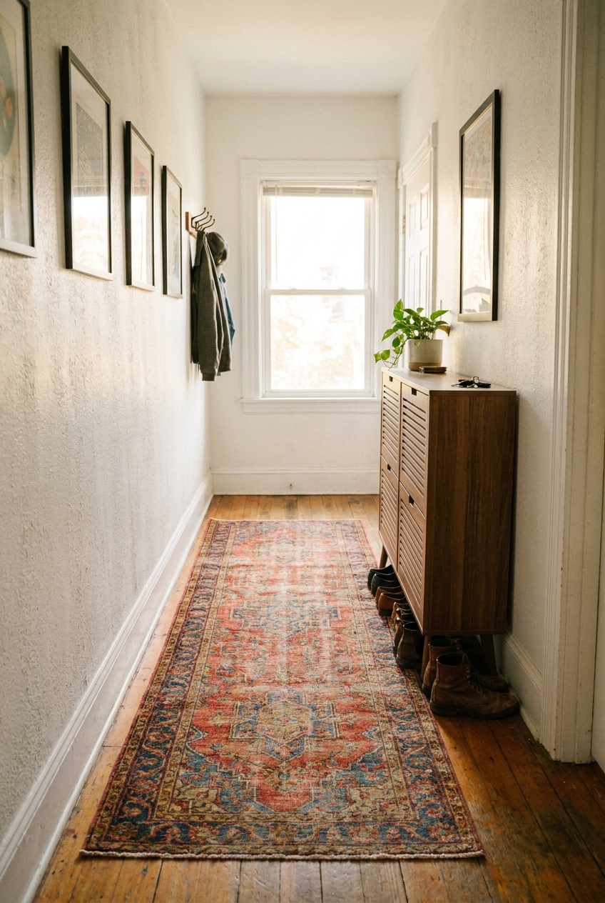 A narrow entry hallway with a long vintage-style runner rug, white walls, and a slim shoe cabinet along one side, photographed with natural light
