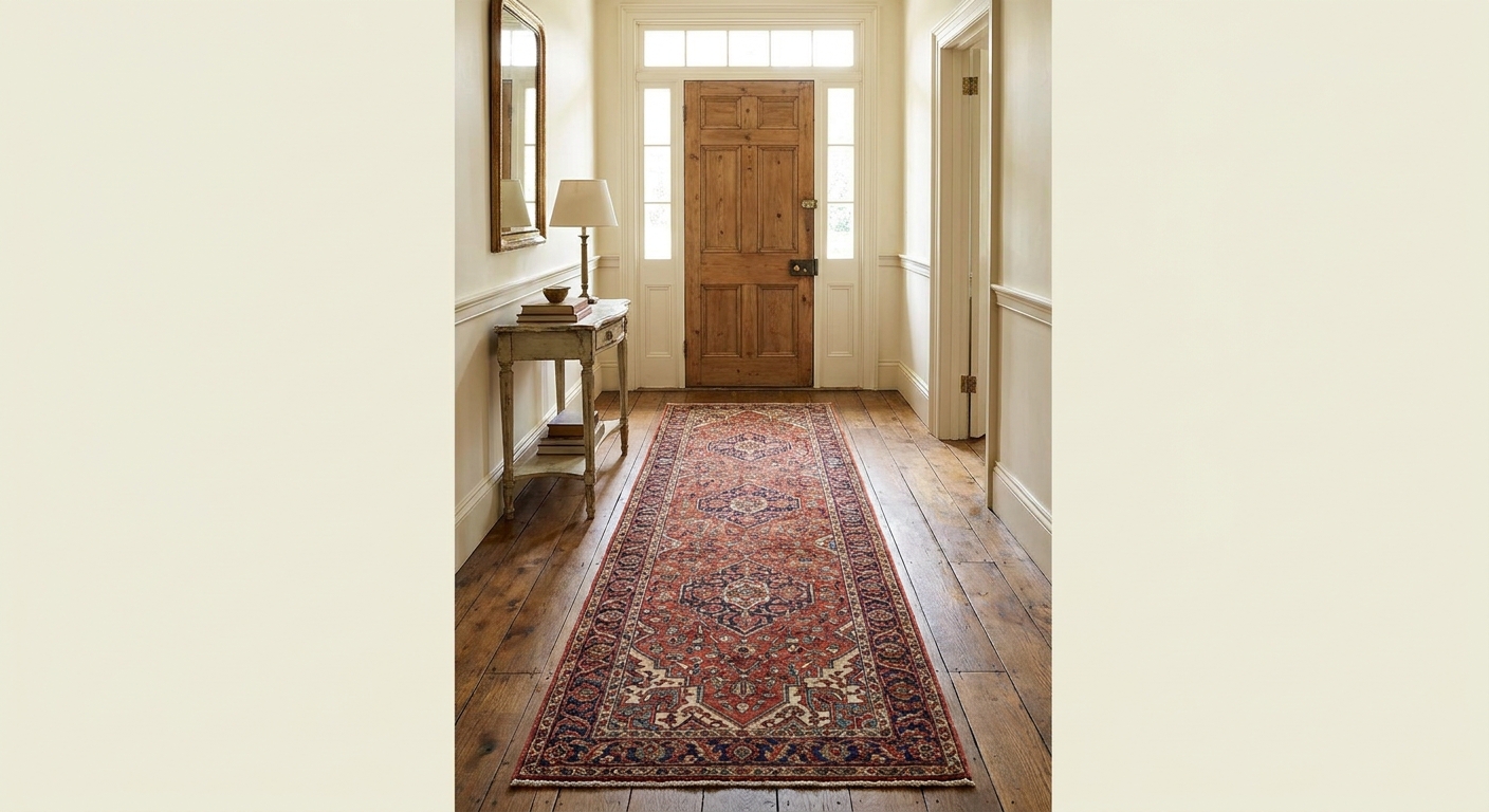 A narrow entryway with a patterned runner rug centered on wood flooring, a front door at one end, a small console table on the wall, and a visible border of floor along both sides