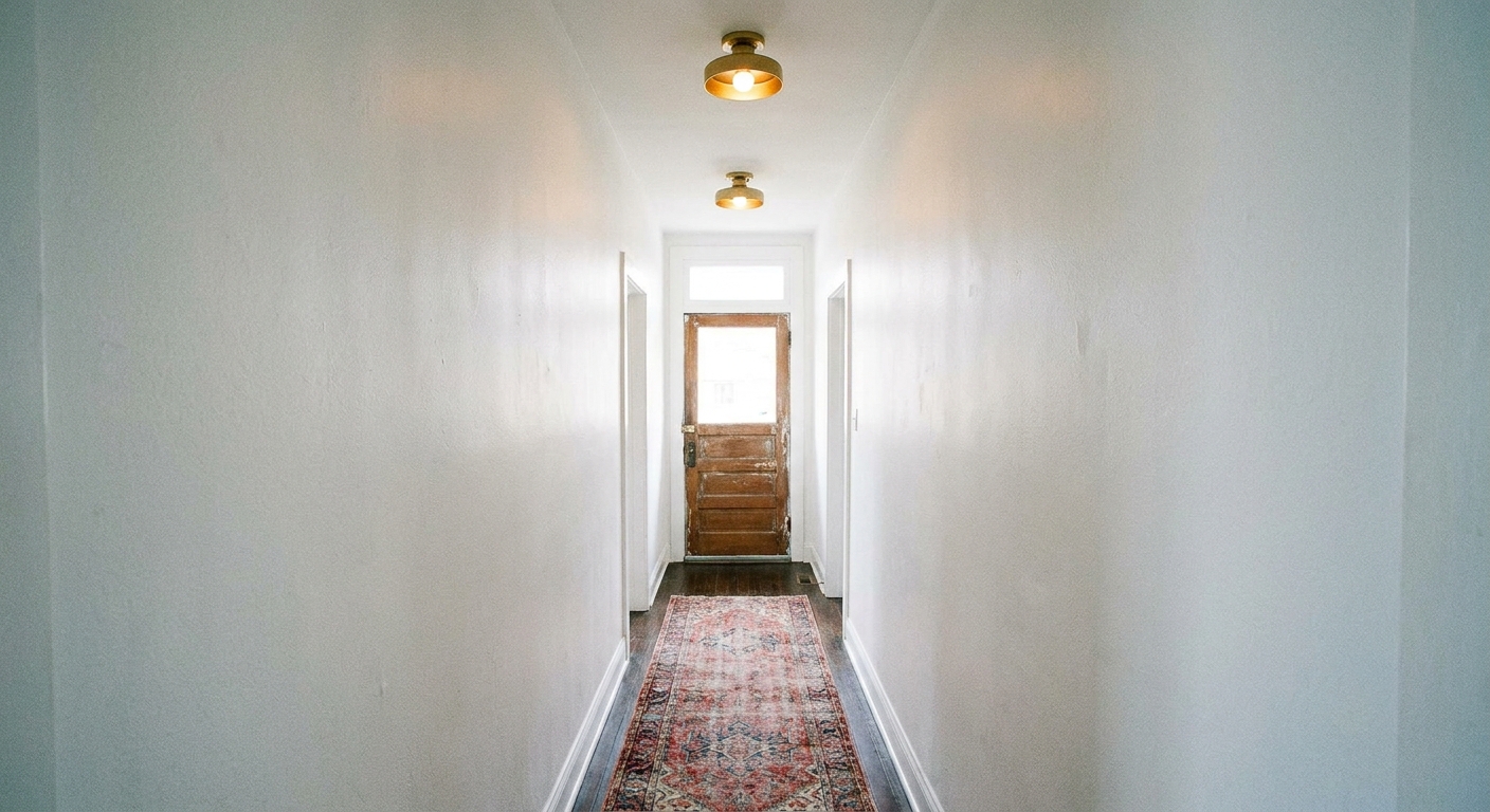 A narrow hallway with two small flush-mount ceiling lights evenly spaced, white walls, and a runner rug leading toward a doorway
