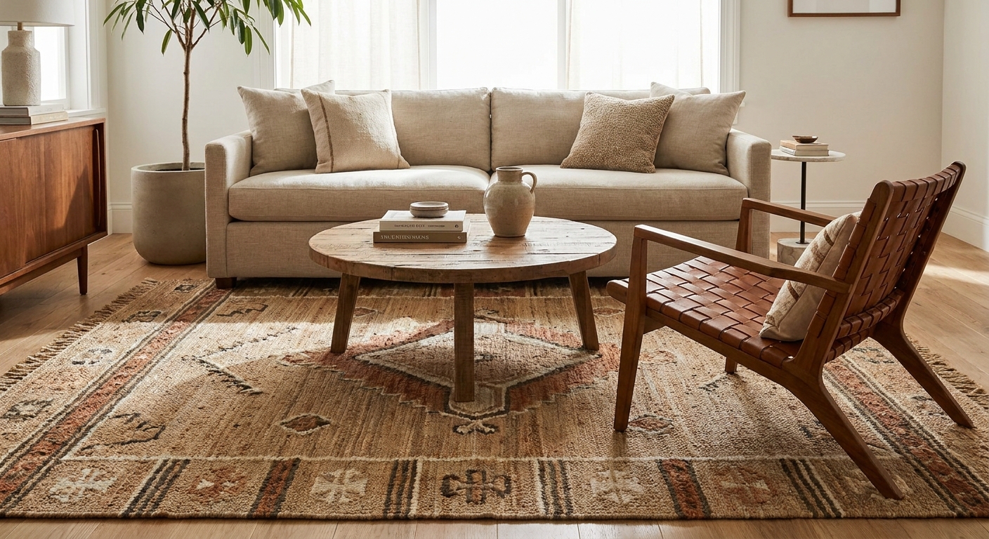A neutral sofa paired with a moderately sized accent chair showing similar seat height and balanced proportions, styled with a coffee table and rug