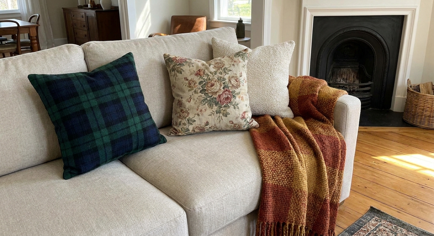 A neutral sofa styled with a plaid throw pillow, a muted floral pillow, and a textured solid pillow, with a warm woven throw draped over the arm