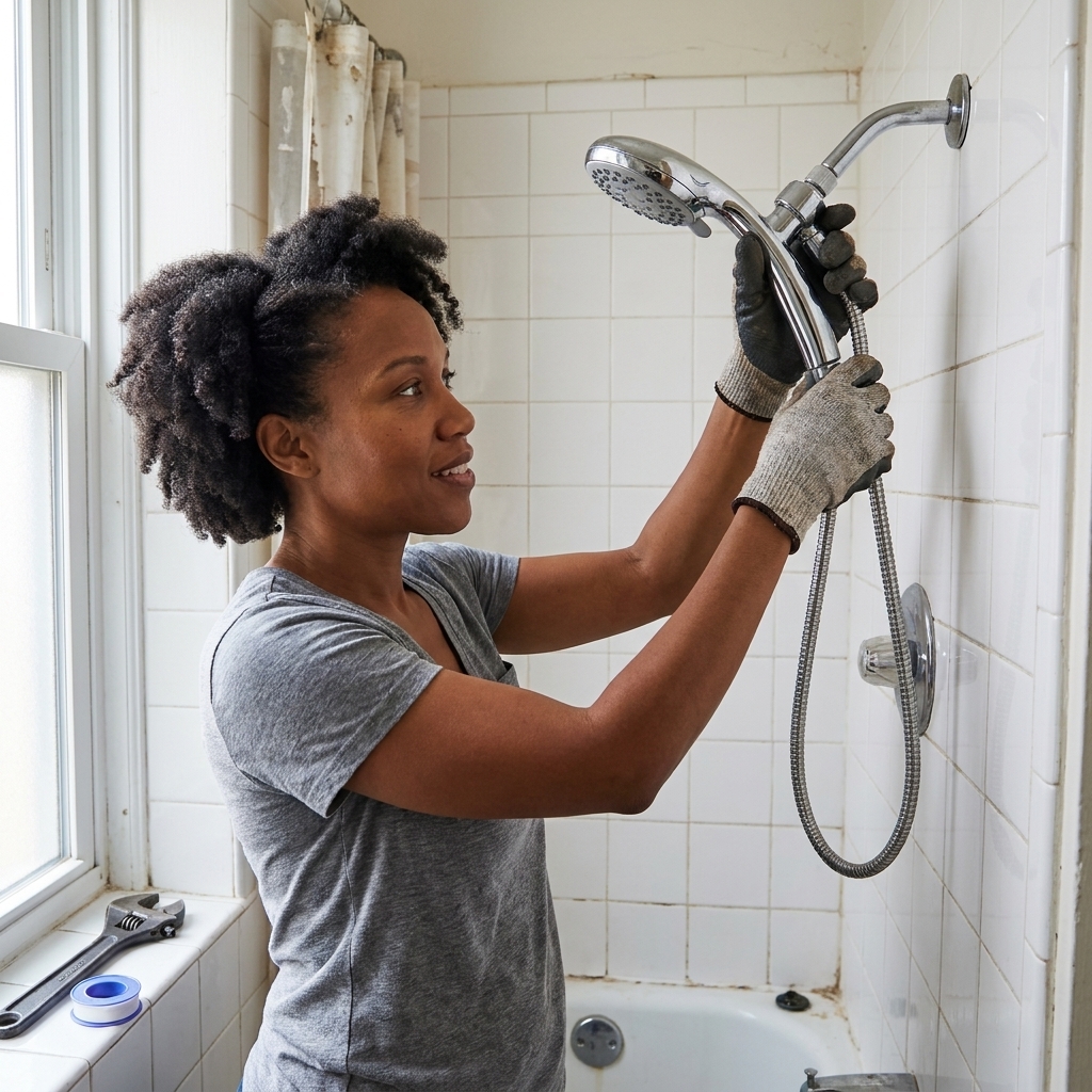 A person installing a handheld showerhead on a standard shower arm in a white-tiled rental shower, realistic interior photo
