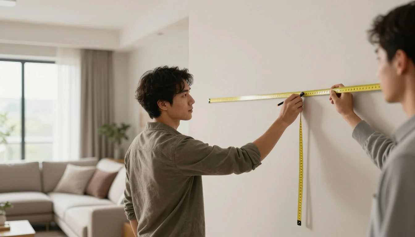 A person using a tape measure to mark the wall so the bottom of a framed print will sit several inches above the sofa back
