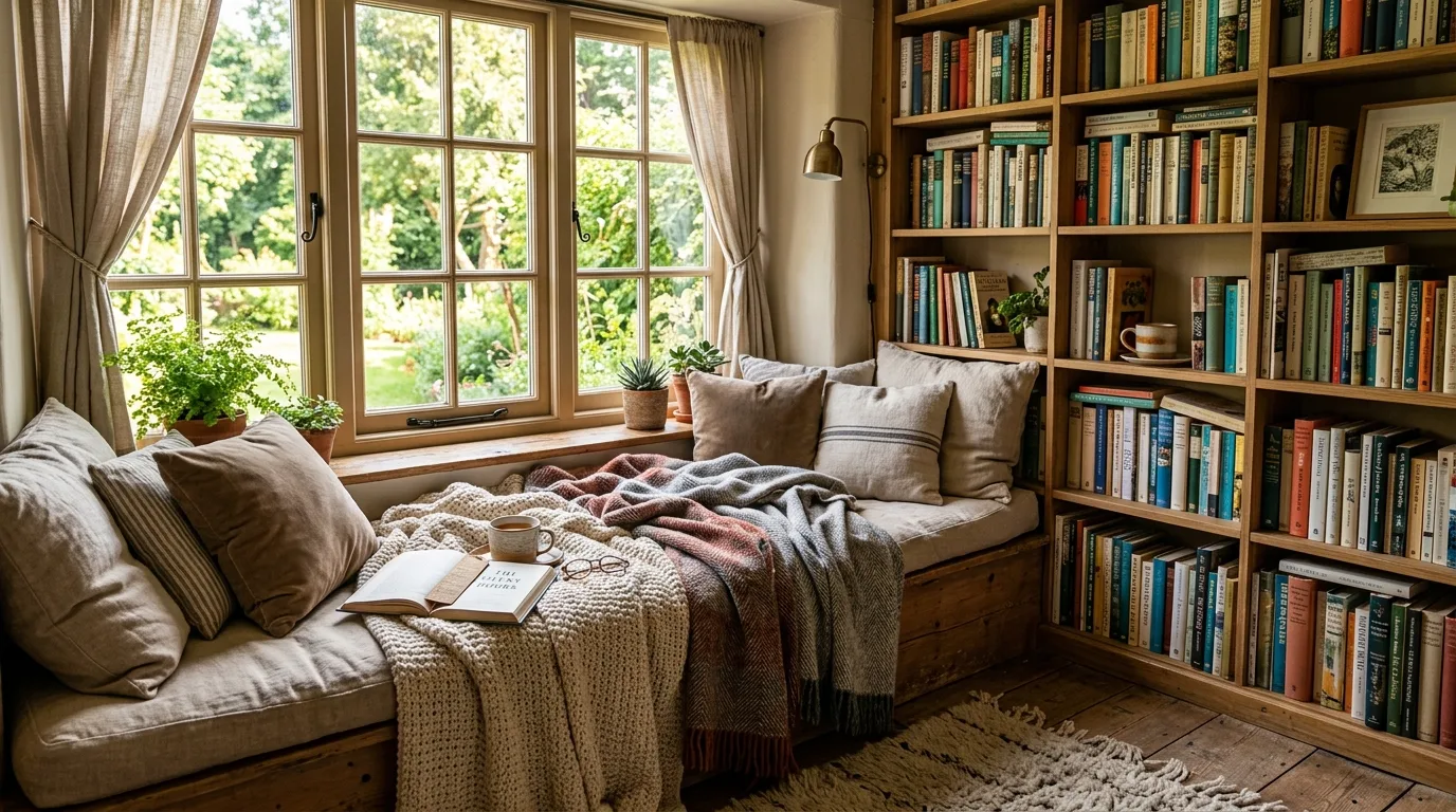 A reading nook with a chair styled with a textured throw blanket, a lumbar pillow, and a small patterned rug anchoring the seating area