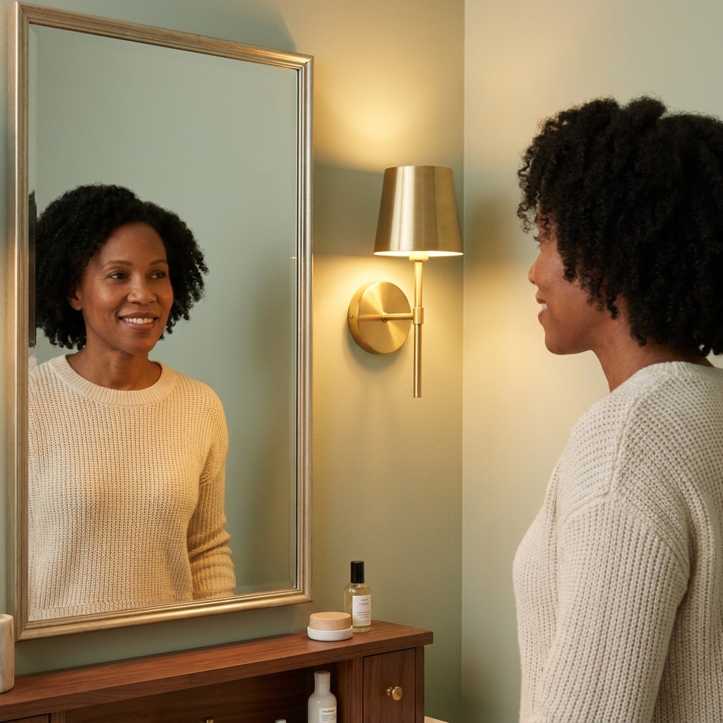 A rechargeable wall sconce mounted beside a bathroom mirror above a small vanity, casting warm light, realistic interior photo