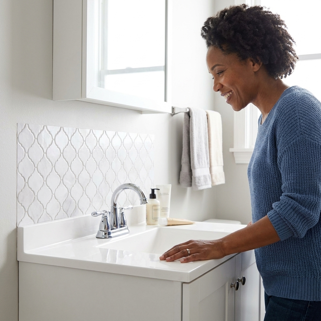 A rental bathroom vanity with a peel-and-stick tile backsplash in a soft white pattern behind a chrome faucet, realistic interior photo
