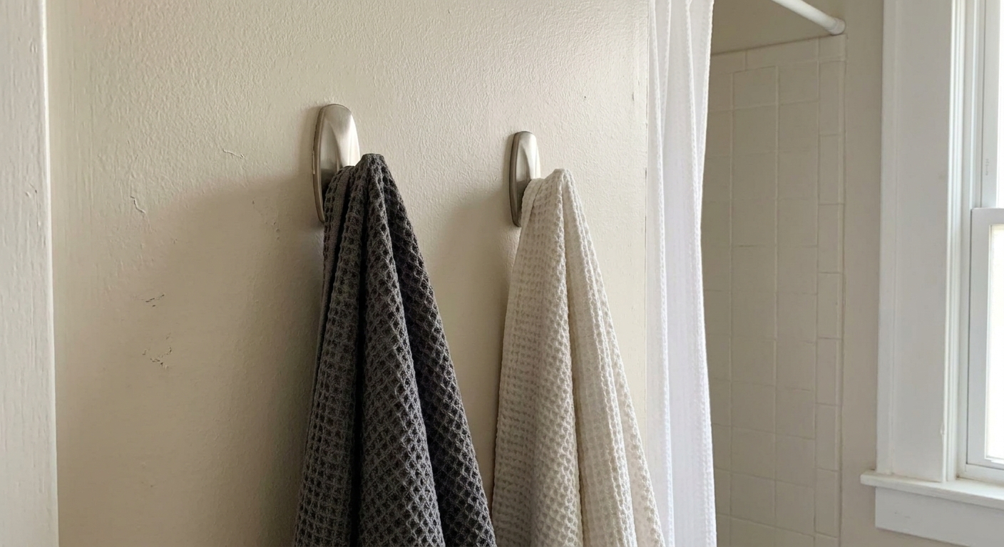 A rental bathroom wall with removable hooks holding two neatly folded waffle towels near a shower, realistic interior photo