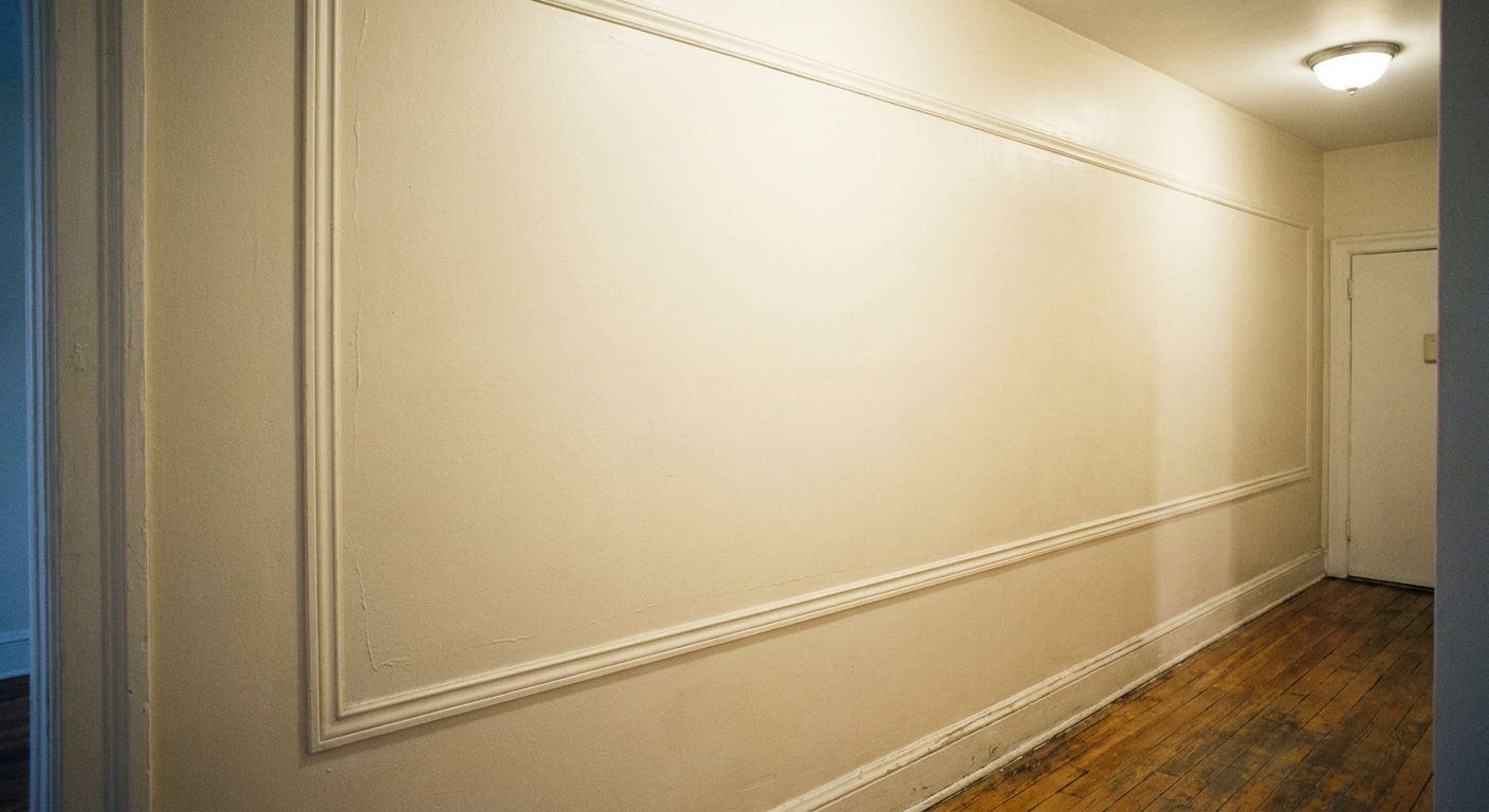 A rental hallway wall with a subtle peel-and-stick trim rectangle creating a picture-frame molding effect in the same color as the wall