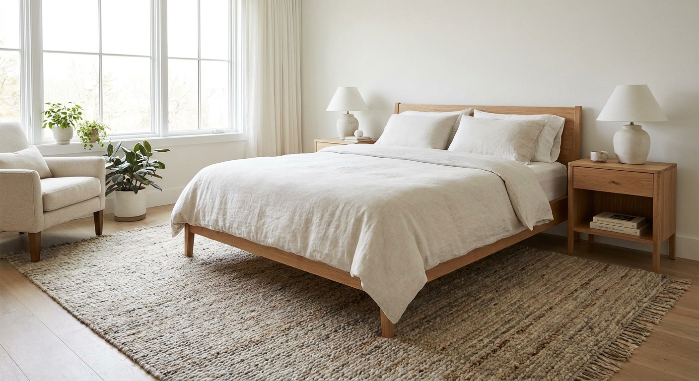 A serene bedroom with a queen bed centered on a large rug that extends beyond both sides and the foot of the bed, nightstands on either side, soft daylight