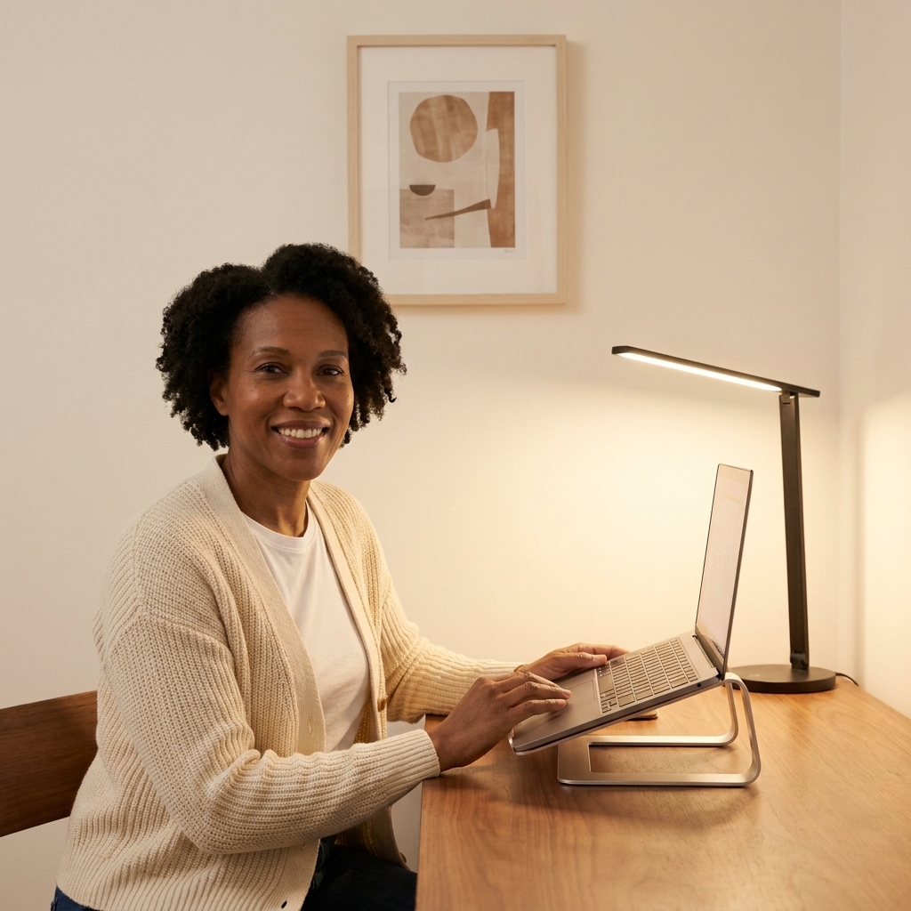 A simple desk setup against a warm white wall with one centered artwork above the desk, a laptop on a stand, and a slim desk lamp