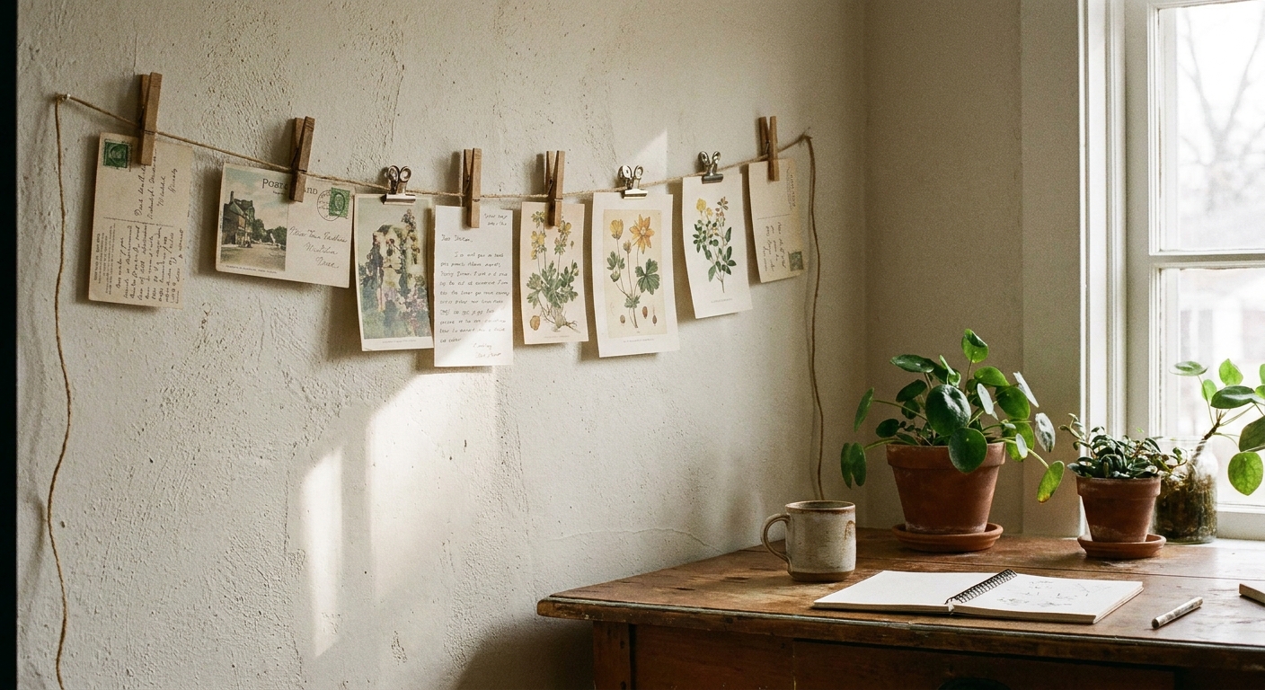 A simple string line hung on a wall with small clips holding postcards and small art prints in a cozy workspace