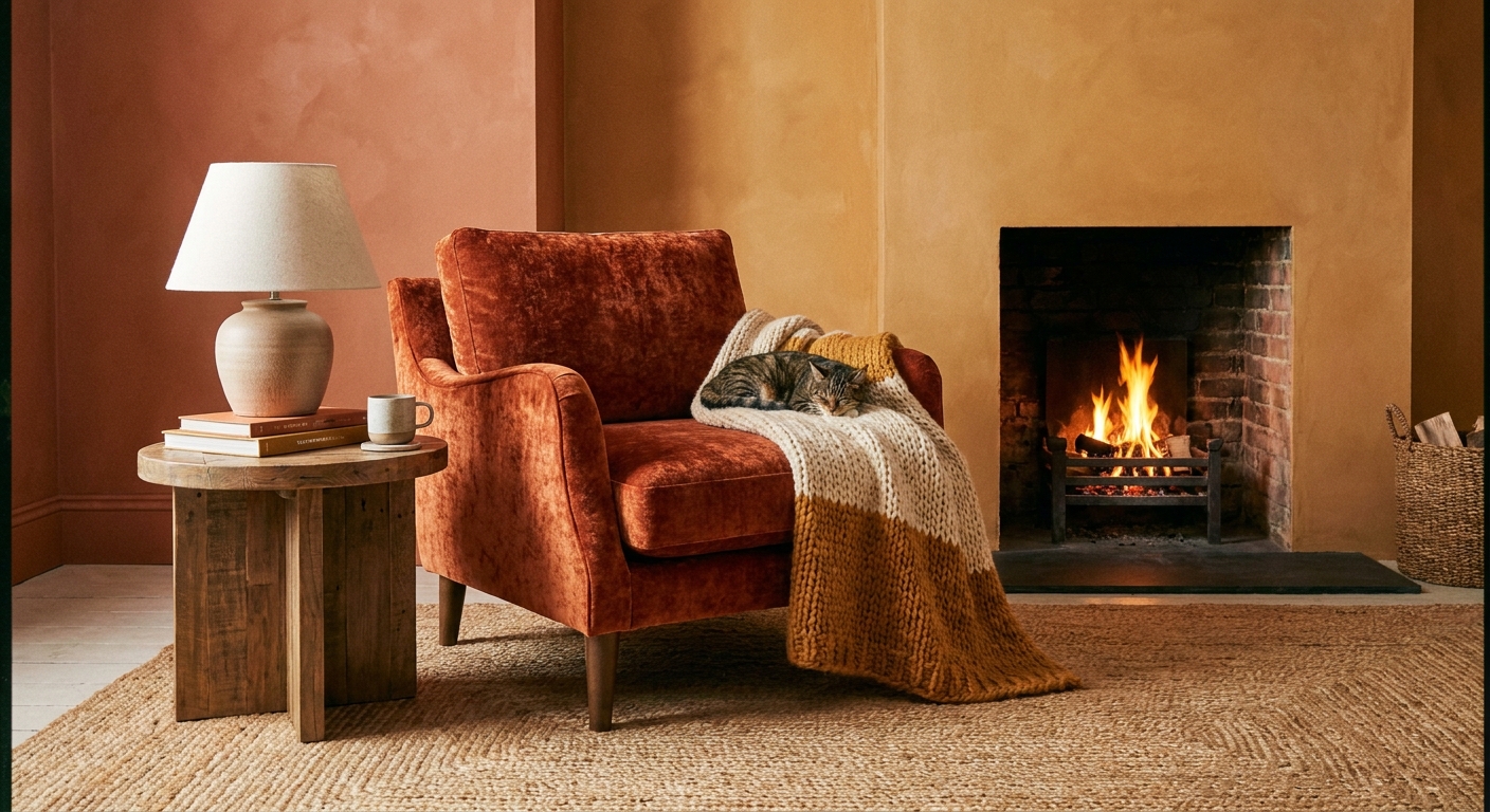 A single velvet accent chair in a warm-toned living room, paired with a wood side table and a soft throw blanket