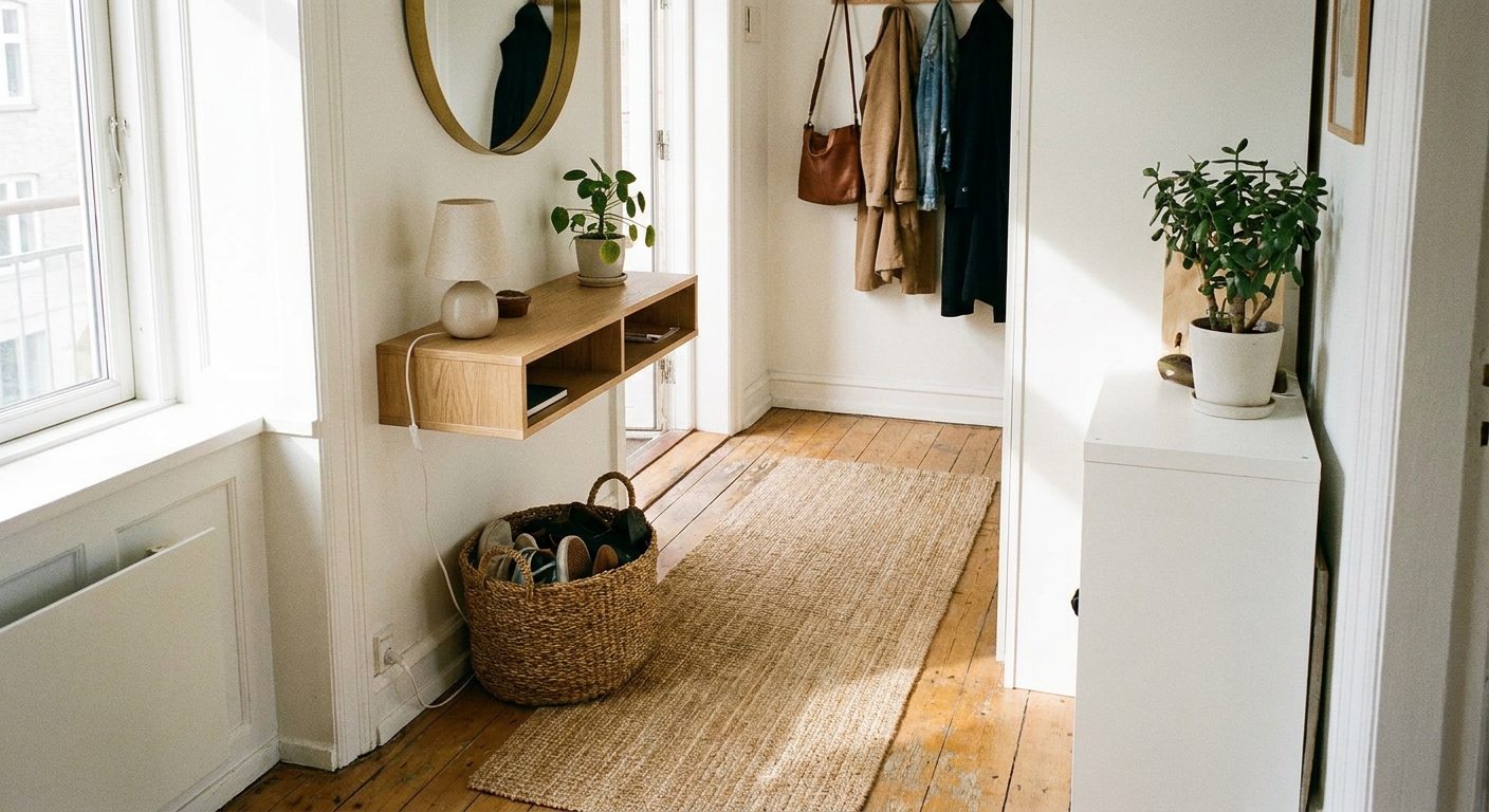 A small apartment entryway with a slim wall-mounted console shelf, a round mirror, a woven runner, and a basket tucked underneath for shoes, photographed in natural daylight