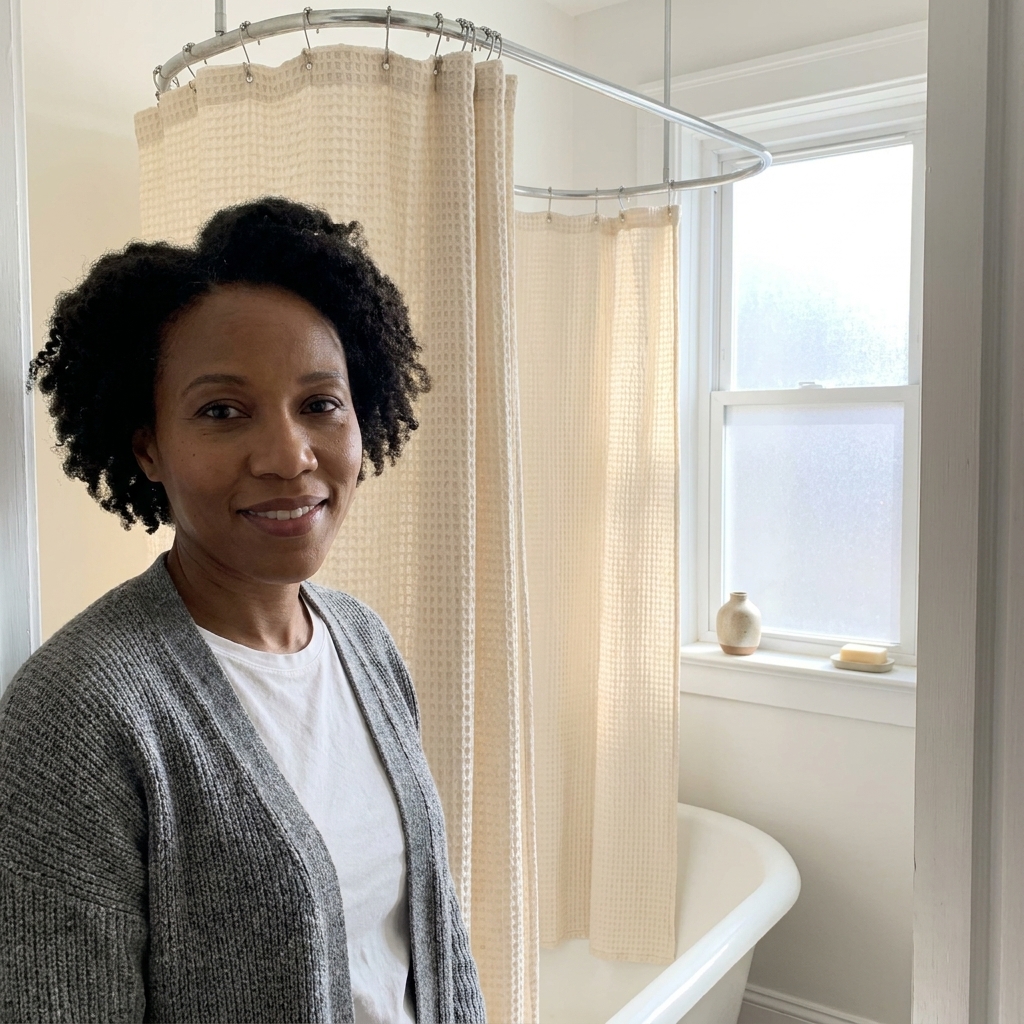 A small bathroom with a textured cream shower curtain on a curved rod, soft natural light, and minimal decor, realistic interior photo
