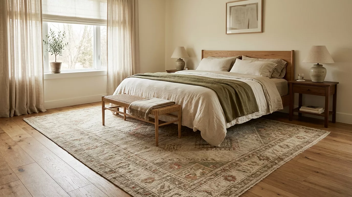A small bedroom where a large rug extends beyond the sides of the bed, creating a more open look