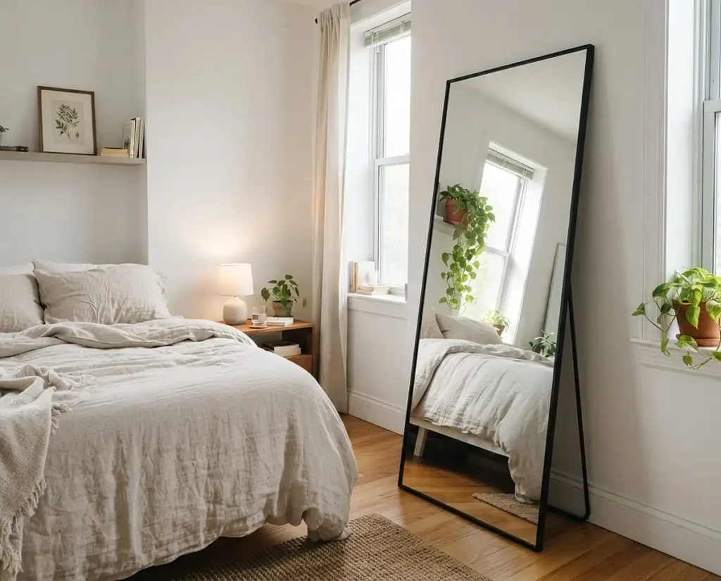 A small bedroom with a full-length mirror positioned to reflect a bright window, increasing the sense of light and space