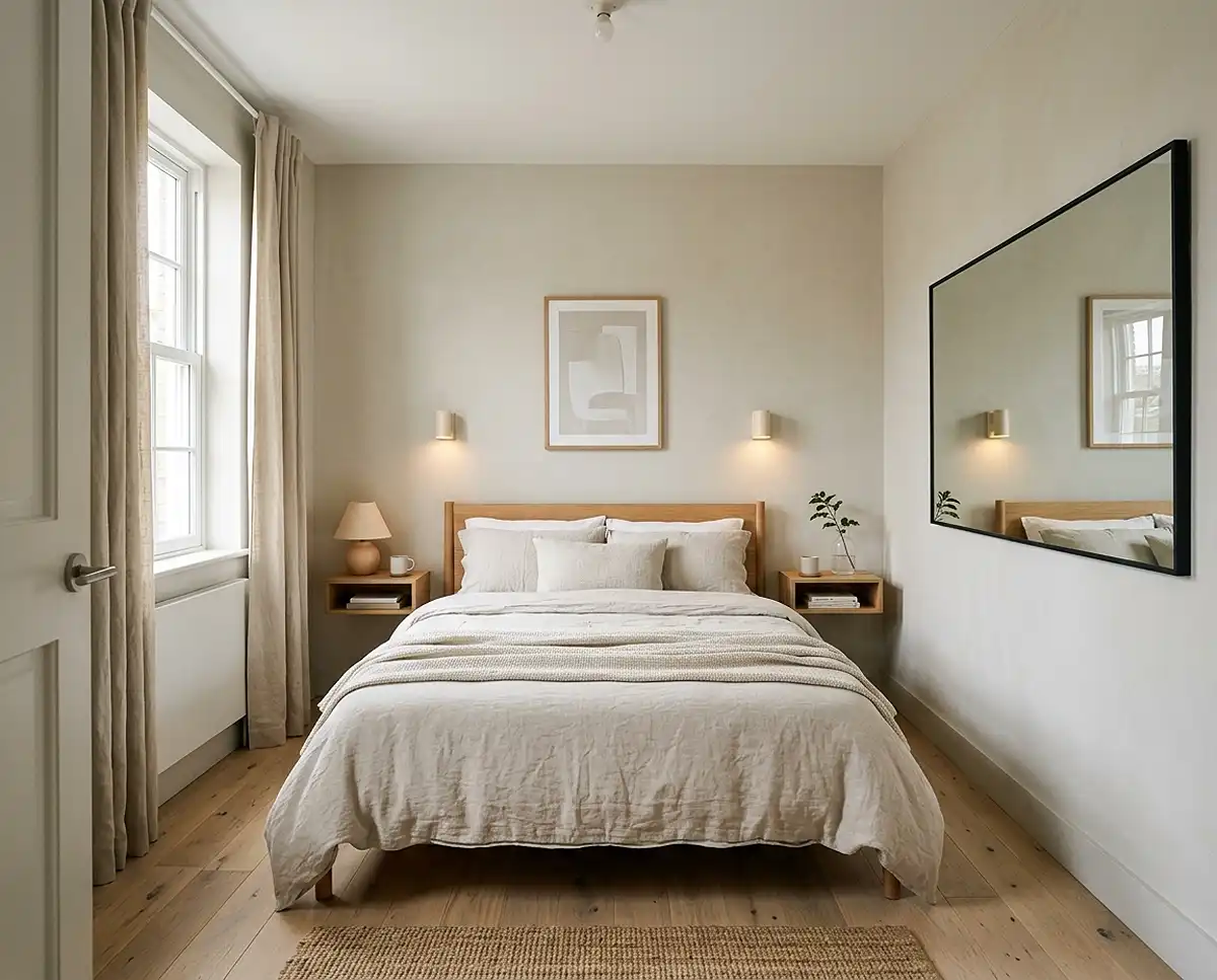 A small bedroom with the bed visually centered on the main wall, a clear walkway, and simple nightstands