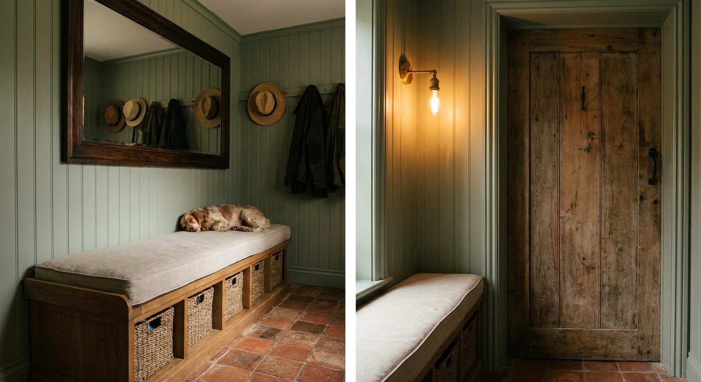 A small enclosed foyer with a compact storage bench, a neutral cushion, a large rectangular mirror above it, and a single wall sconce casting warm light
