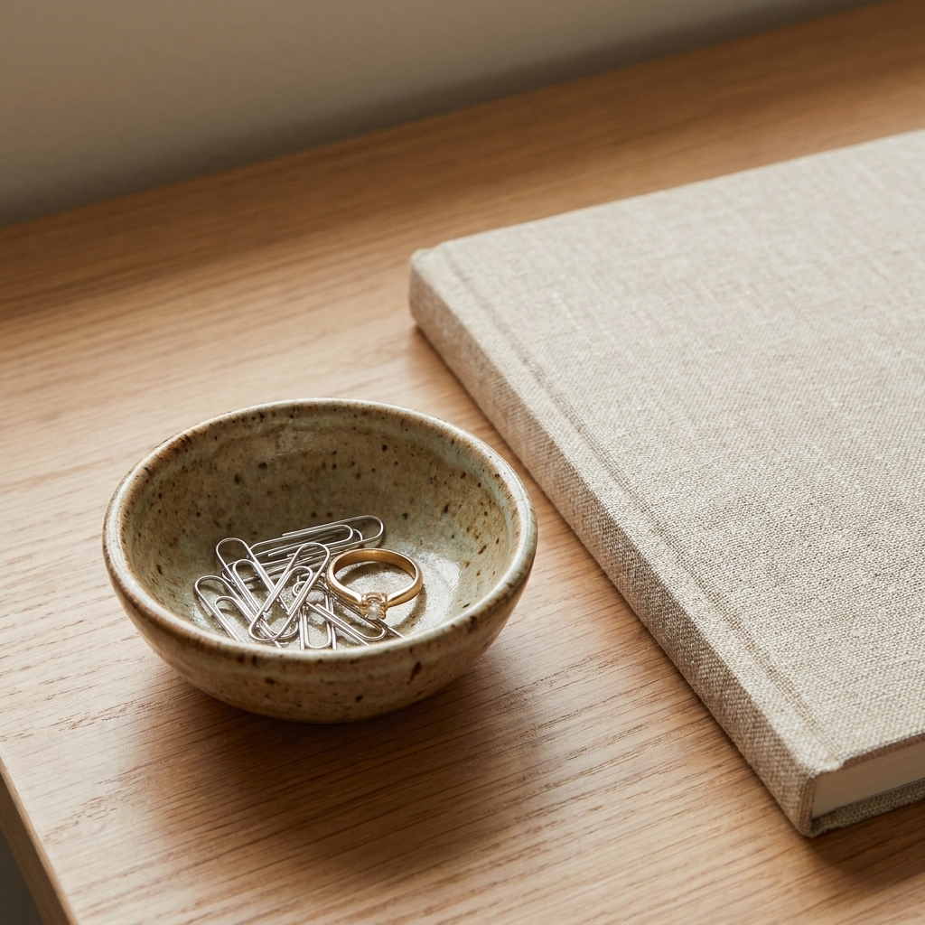 A small handmade ceramic bowl on a desk holding paper clips and a ring, styled next to a linen notebook
