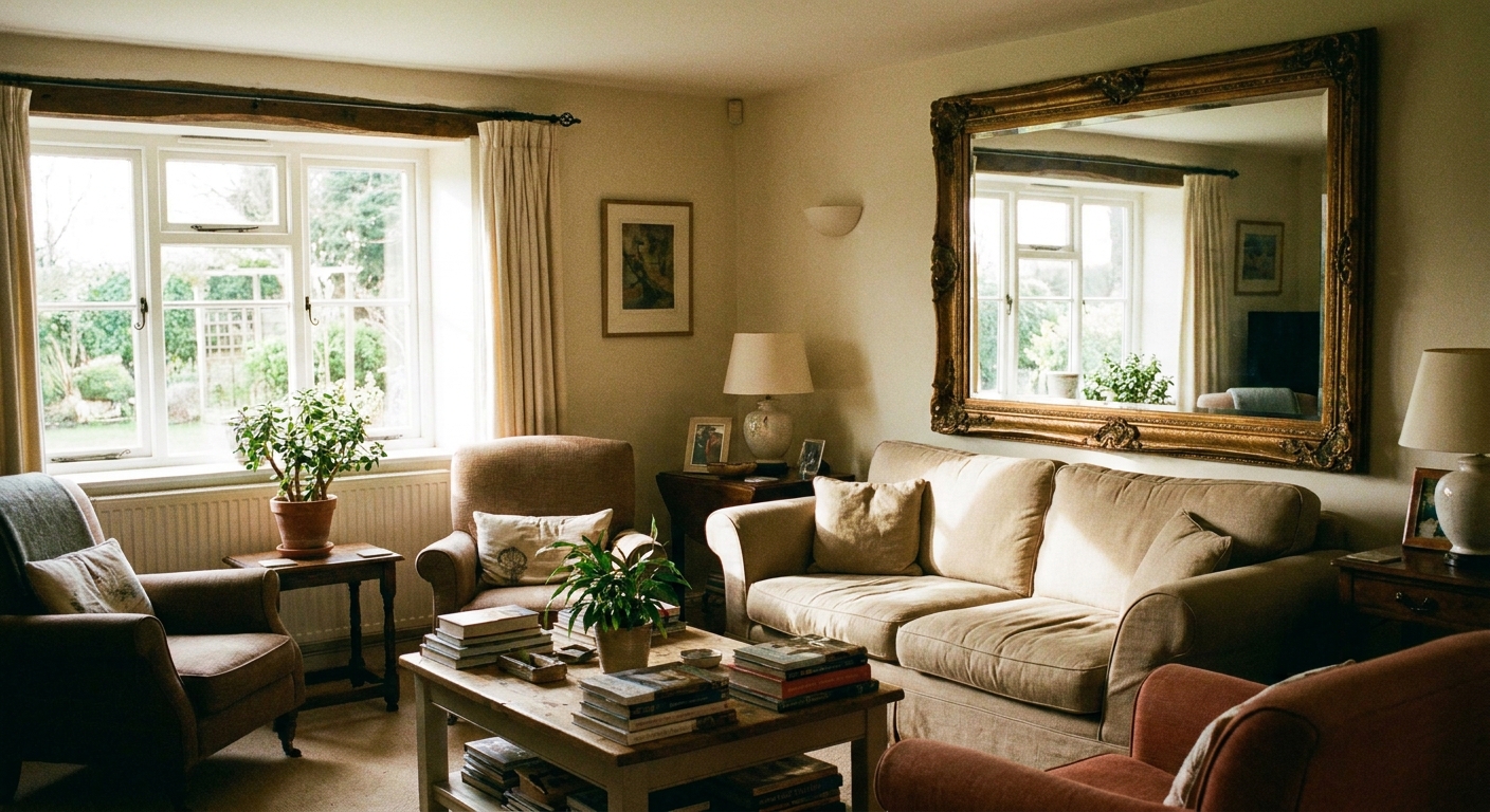A small living room with a large framed mirror placed opposite a window, reflecting daylight and making the space feel brighter